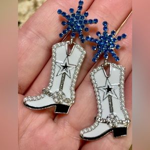 New western white and blue cowboy boot earrings